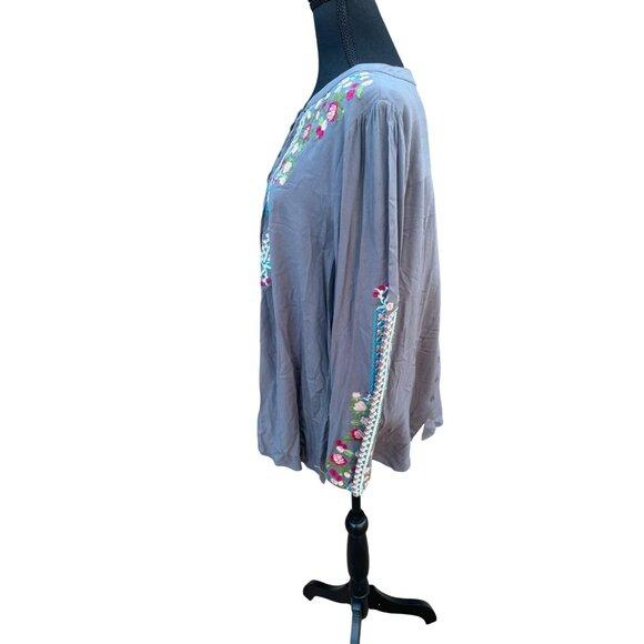 Andrée By Unit Embroidered Lace-Up Tunic Boho Mexican Tunic Top Gray Floral L - Picture 6 of 11